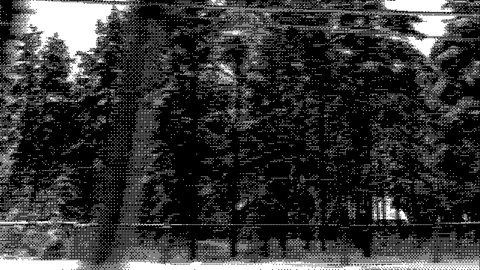 Black and white video with dithering effect showing a moving landscape with Stock Footage 309518363