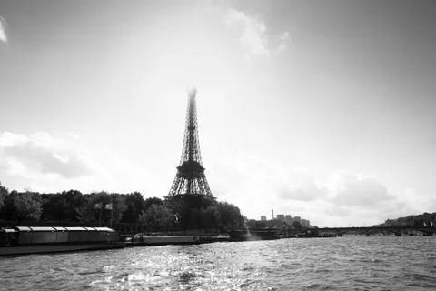 Black and white view of the Eiffel Tower from the Seine Stock Photos