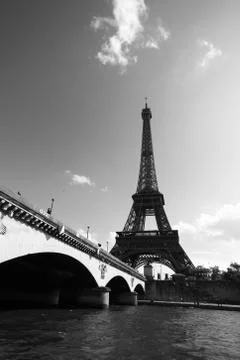 Black and white view of the Eiffel Tower from the Seine Stock Photos