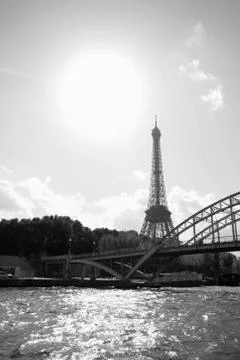 Black and white view of the Eiffel Tower from the Seine Foto stock