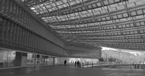 Black-and-White View Of Westfield Forum des Halles, The Canopy In Paris, Stock Footage 244040000