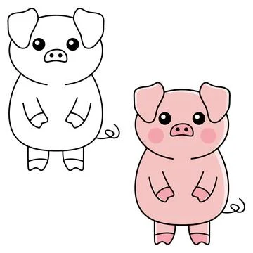 Black and white vs colored cute pig. Coloring page. Coloring book for preschool Illustrazione stock
