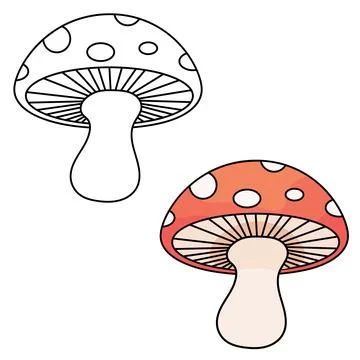 Black and white vs colored fly agaric mushroom. Handwriting practice Stock Illustration