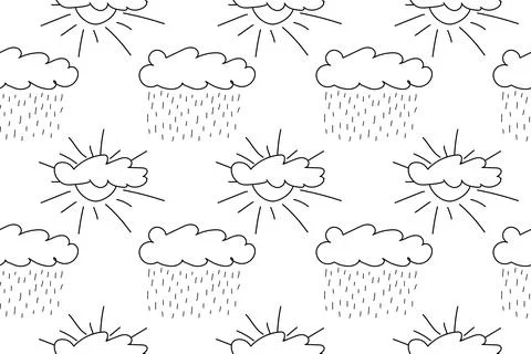 Black and White Weather Pattern with Clouds, Rain, and Sun Stock Illustration