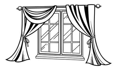 Black and white of a window with curtains and drapery ties Stock Illustration