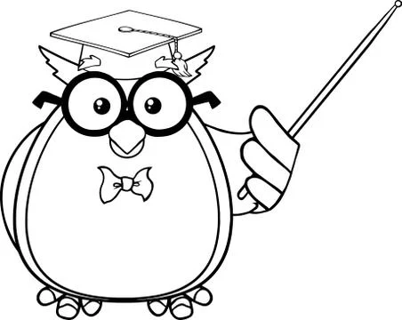 Black And White Wise Owl Teacher Cartoon Character With A Pointer Stock Illustration