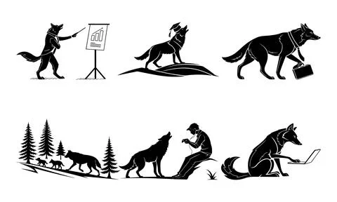 Black and white of wolves in various scenes wolf silhouette business Stock Illustration