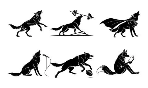 Black and white of wolves in various activities wolf silhouette Stock Illustration