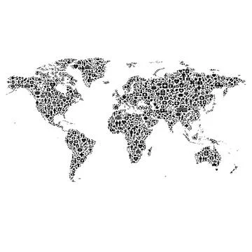 Black and white world map illustration composed of diverse social media ico.. Stock-Illustration