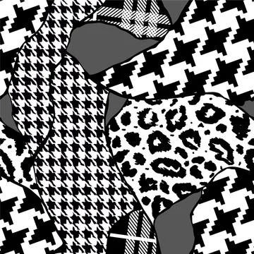 Black and whiye modern patchwork collage animal skin mixed with geometric pat Stock Illustration