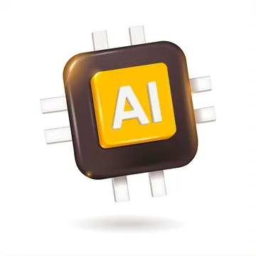 Black and yellow chip with a three-dimensional image of the word AI in a 3D r Stock Illustration