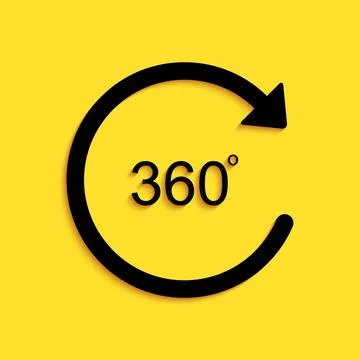 Black Angle 360 degrees icon isolated on yellow background. Rotation of 360 库存插图