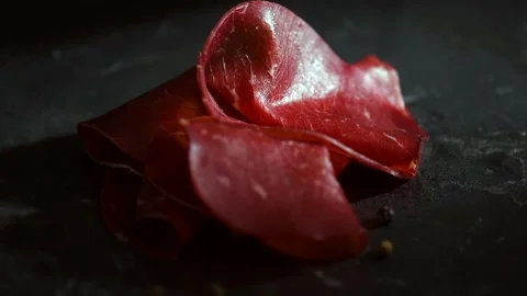 Black angus dried beef, slices of aged wagyu, delicatessen, snack Stock Footage 308028457