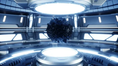 Black antimatter in sci fi futuristic metall room. Future concept. Realistic 4k Stock-Footage 161090097