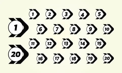 Black Arrow directional bullet points numbers from 0 to 20 Stock Illustration