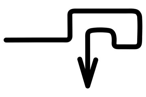 Black arrow forming a hook directed to the right and down. Sketch. Stock Illustration