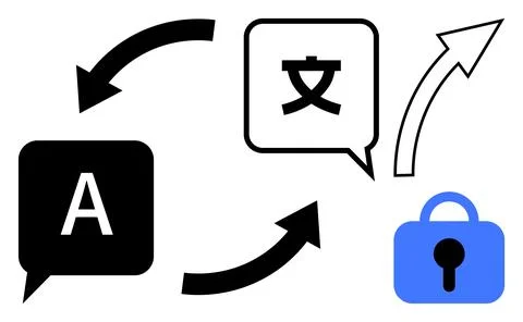 Black arrow lines connect speech bubbles containing the letters A and a chara Stock Illustration