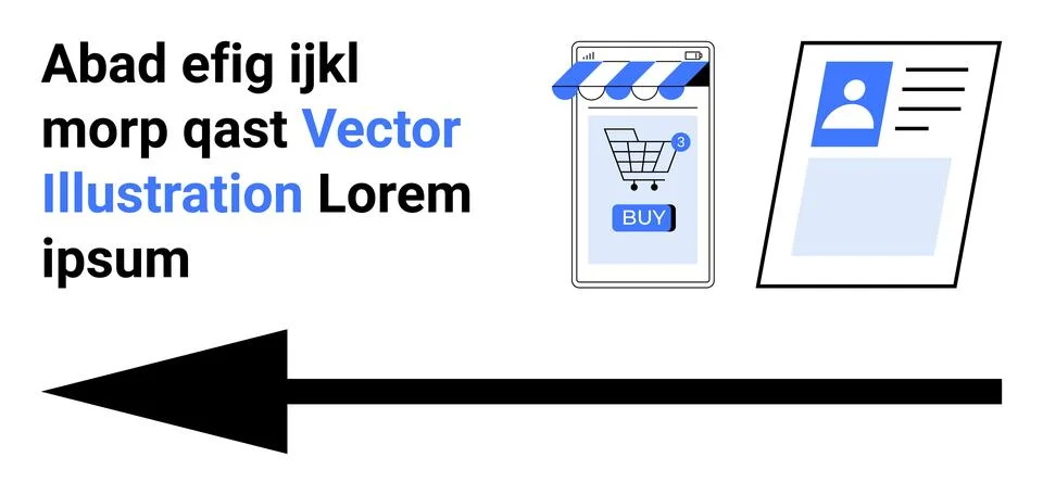 Black arrow pointing right next to sample text, mobile shopping cart, and pro Illustrazione stock
