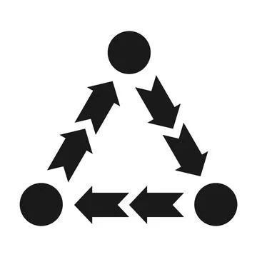 Black arrow triangle icon, circles in angles. Taking decision pictogram Stock Illustration
