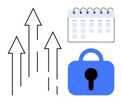 Black arrows going upward, a blue lock symbol, and a calendar with white back Stock Illustration