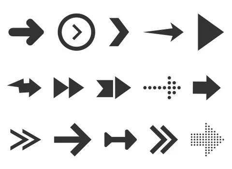 Black arrows set isolated on white background. Collection for web design, interf Stock Illustration