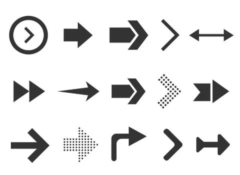 Black arrows set isolated on white background. Collection for web design, interf Stock Illustration