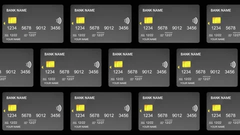Black ATM cards moving animation from top view, Multiple credit cards with chip Video stock 227680955