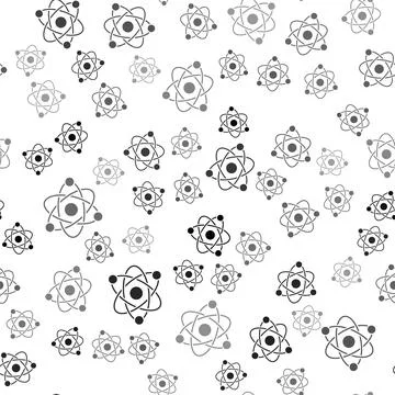 Black Atom icon isolated seamless pattern on white background. Symbol of science イラスト素材