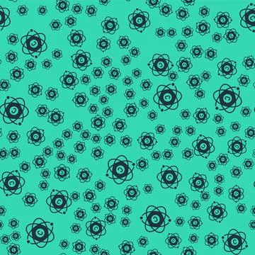 Black Atom icon isolated seamless pattern on green background. Symbol of science Stock Illustration