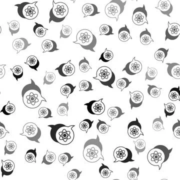 Black Atom icon isolated seamless pattern on white background. Symbol of science Illustrazione stock