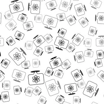 Black Atom icon isolated seamless pattern on white background. Symbol of science Illustrazione stock