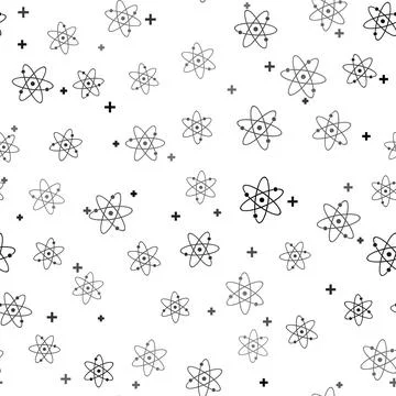 Black Atom icon isolated seamless pattern on white background. Symbol of science Illustrazione stock