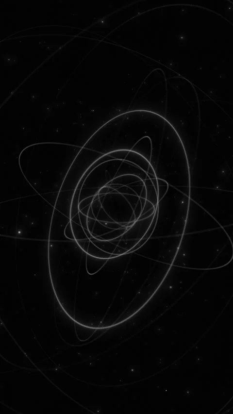 Black atom orbit science background with white particle rings, star dots, and mi Stock Footage 340550601