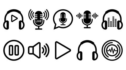 Black audio interface vector icon set for digital media broadcasting design Illustration