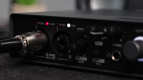 Black audio interface with XLR cable plugged in, showing illuminated PEAK a.. 動画素材 313134210
