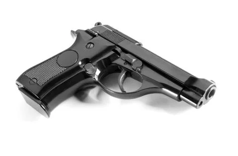 Black automatic handgun on white Stock Photos