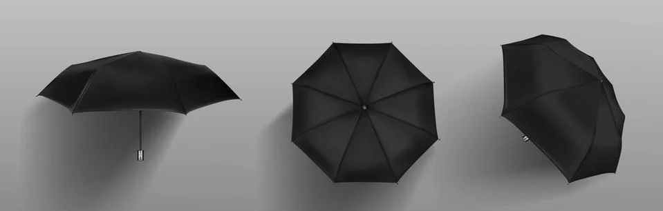 Black automatic umbrella front, side and top view Stock Illustration
