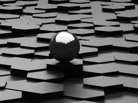 Black background of 3d hexagons and steel sphere Stock Illustration
