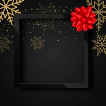 Black background with black frame gold ribbon and red ribbon and gold snow. Stock Illustration