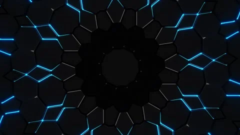 Black background with blue lights and circular hole. Kaleidoscope VJ loop Stock Footage 252351923