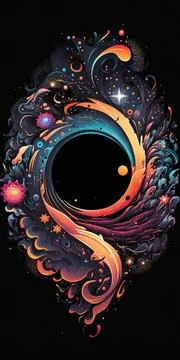 A black background with a circular design with a black center surrounded by.. Stock Illustration