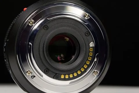 Black background close-up of MFT macro lens mount showing details and texture Stock Photos