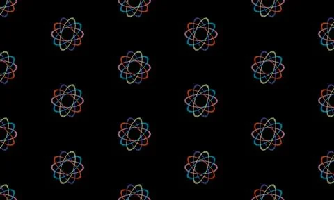 Black background with colorful atomic patterns . 스톡 일러스트