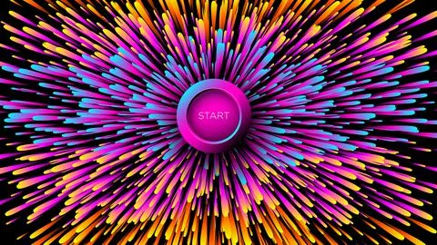 Black background with colorful paint splashes and button start in the middle Ilustración de archivo