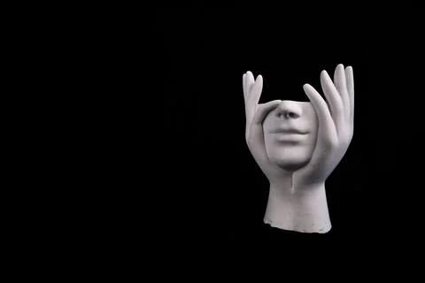 On Black Background With Copy Space Pensive White Statue Stock Photos