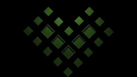 Black background . Design. A beautiful green heart made of squares that move in Stock Illustration