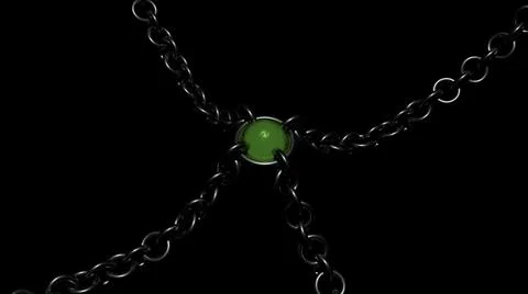 Black background. Design. An iron chain in 3d and a green circle like a stone in 스톡 일러스트