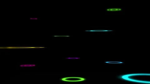 Black background floating neon rings, glowing portal circles, futuristic empty s Stock Footage 340416008