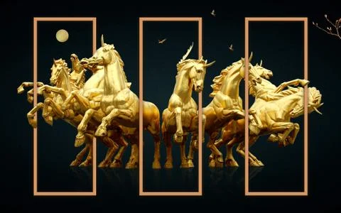 Black background, golden frames, full moon, golden horses reared Stock Illustration