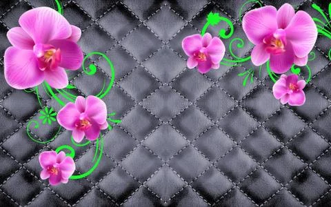 Black background, leather sewing, large pink flowers Stock Illustration